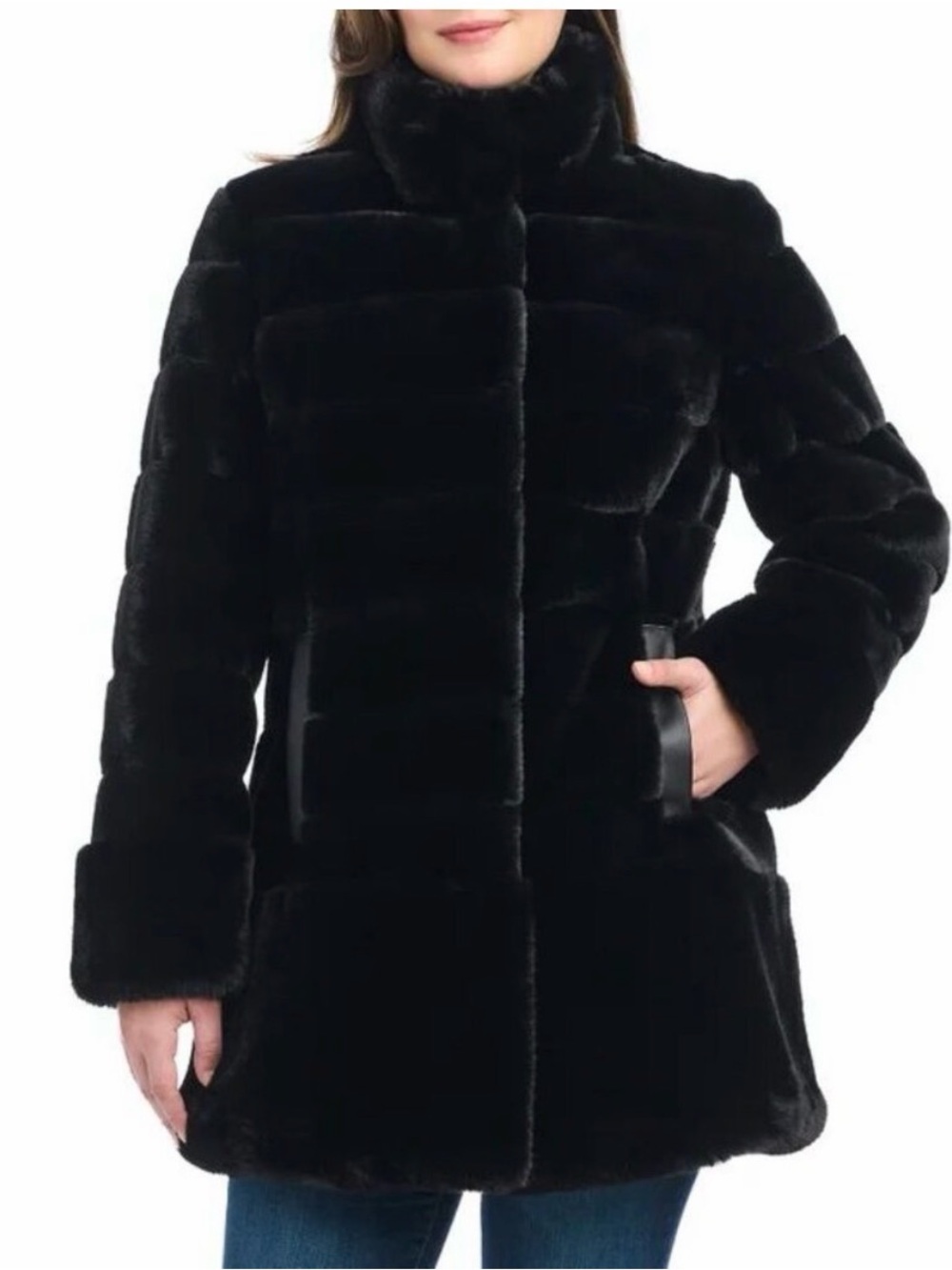 Jones New York Plush Black Faux Fur Paneled Coat - Size L NWOT